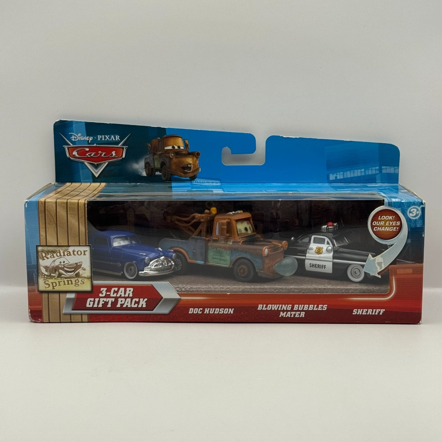 Disney Pixar Cars BLOWING BUBBLES MATER DOC SHERIFF LENTICULAR 3-PK 1:55 Diecast