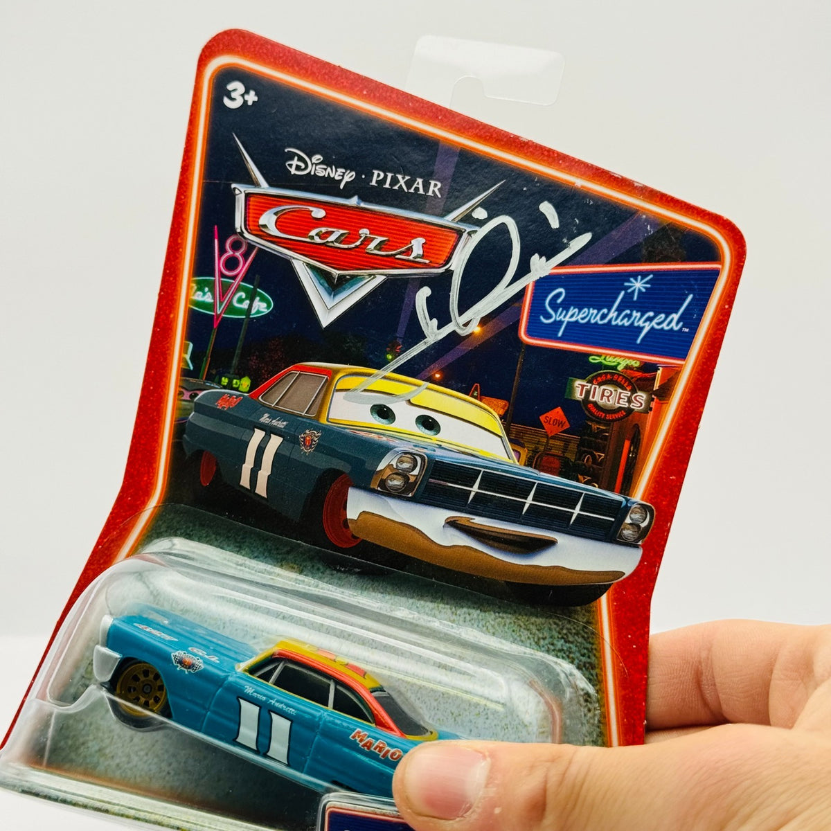Disney Pixar Cars SIGNED MARIO ANDRETTI AUTOGRAPH Supercharged 2007 1:55 Diecast