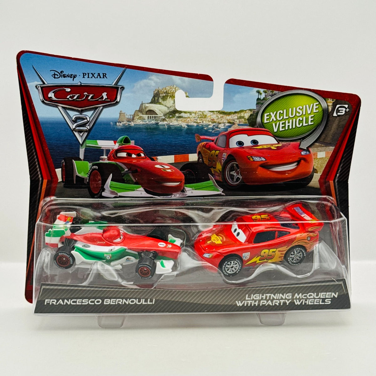 Disney Pixar Cars FRANCESCO & McQUEEN WITH PARTY WHEELS Cars 2 2011 1:55 Diecast