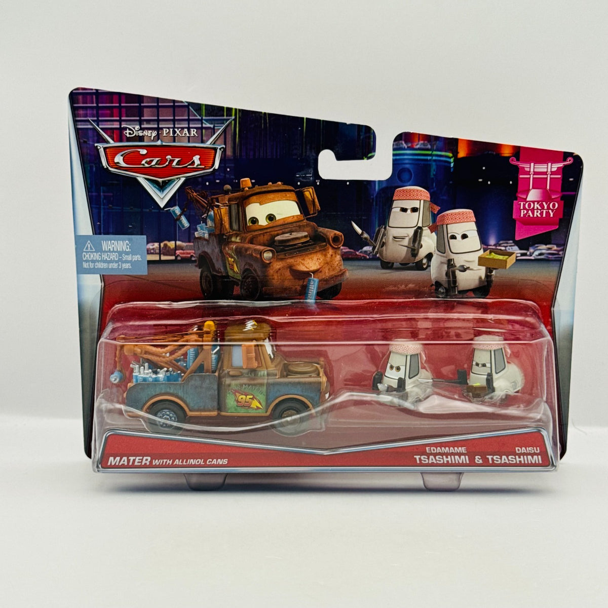 Disney Pixar Cars MATER WITH ALLINOL CANS EDAMAME & DAISU TSASHIMI 1:55 Diecast