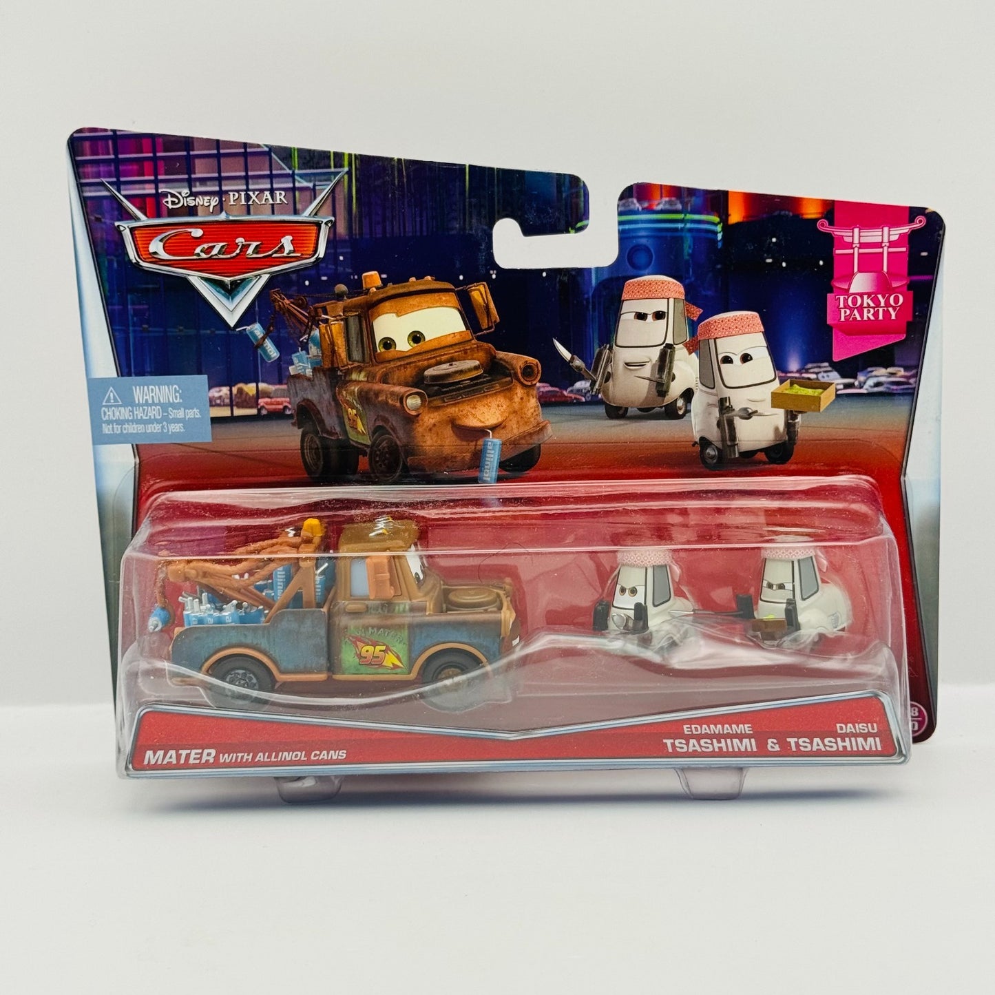 Disney Pixar Cars MATER WITH ALLINOL CANS EDAMAME & DAISU TSASHIMI 1:55 Diecast