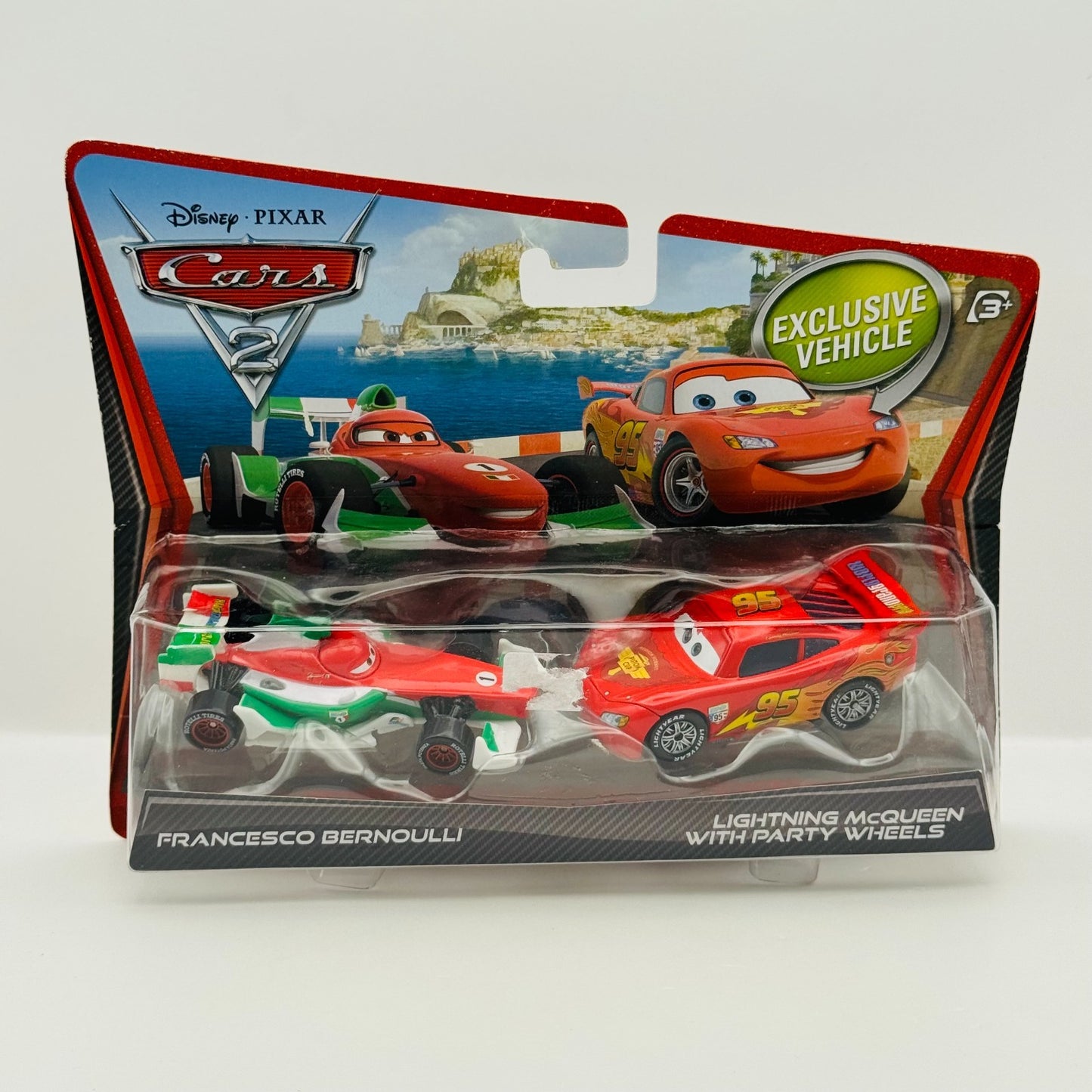 Disney Pixar Cars FRANCESCO & McQUEEN WITH PARTY WHEELS Cars 2 2011 1:55 Diecast