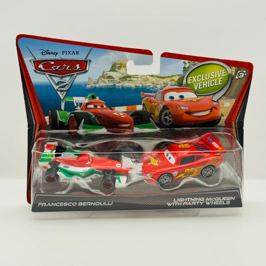 Disney Pixar Cars FRANCESCO & McQUEEN WITH PARTY WHEELS Cars 2 2011 1:55 Diecast