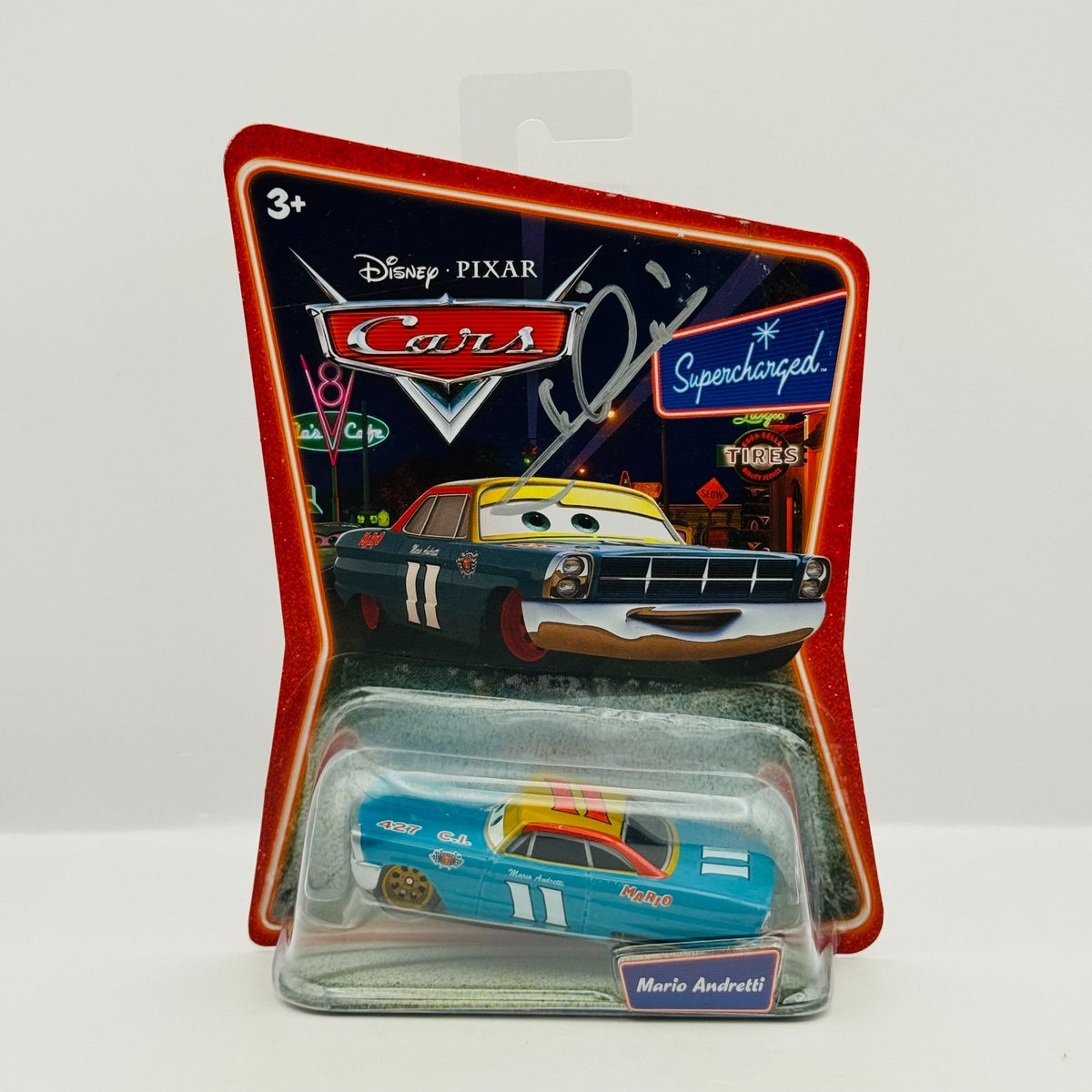 Disney Pixar Cars SIGNED MARIO ANDRETTI AUTOGRAPH Supercharged 2007 1:55 Diecast