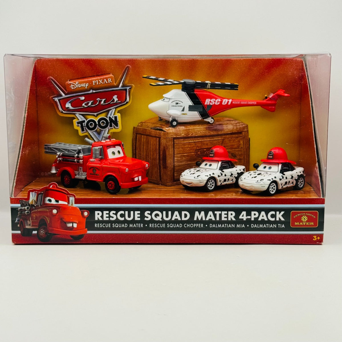 Disney Pixar Cars Toon - RESCUE SQUAD MATER 4-PK DALMATIAN MIA TIA- 1:55 Diecast