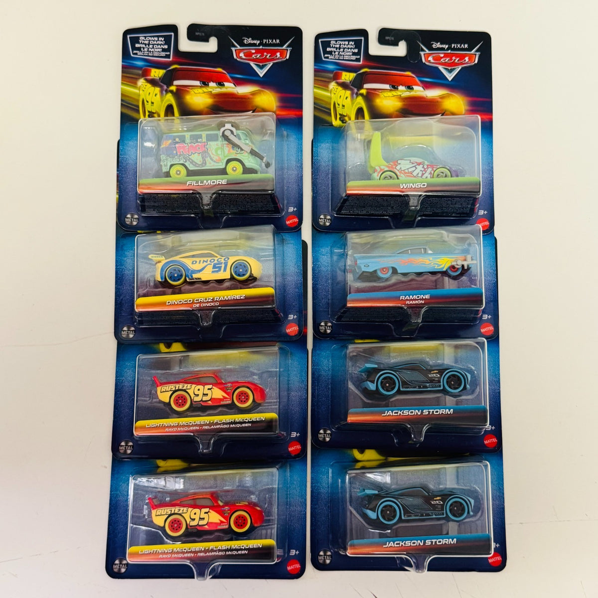 Disney Pixar Cars - GLOW RACERS CASE OF 8 WINGO, RAMONE, FILLMORE - 1:55 Diecast